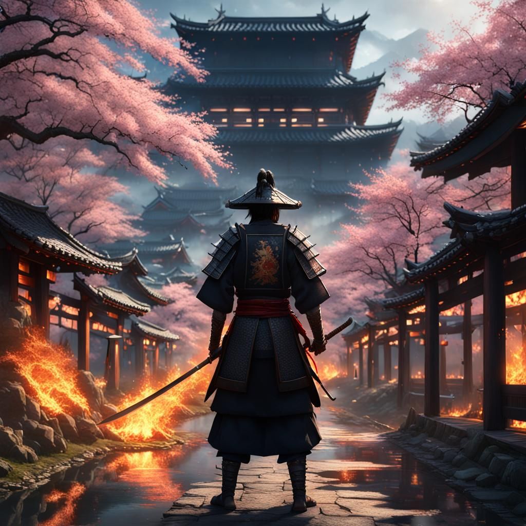 Samurai in Burning Village: Dark Fantasy Concept Art