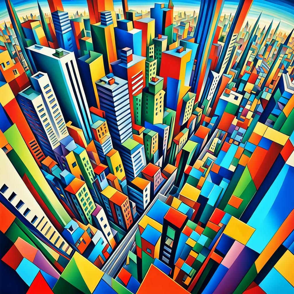 Abstract Cubist Cityscape with Geometric Shapes