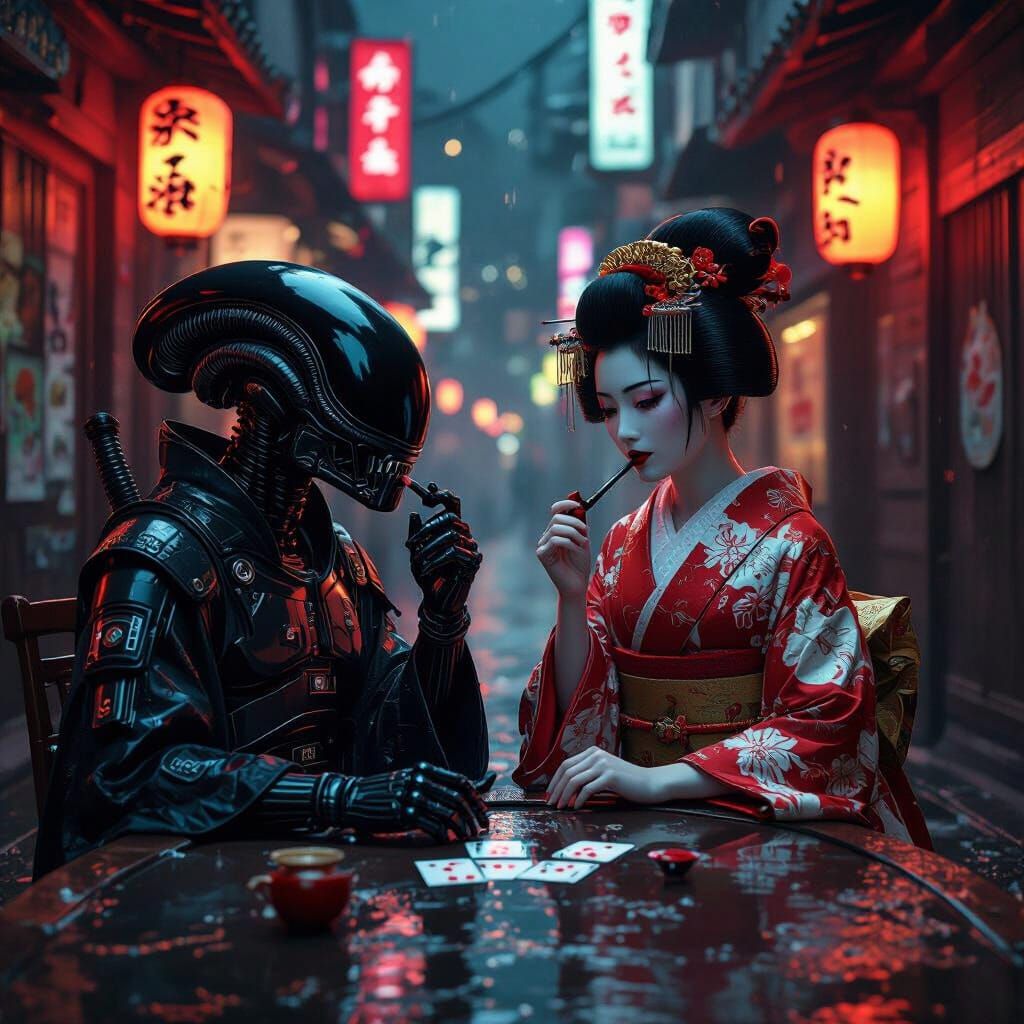 Xenomorph and Geisha Play Poker in Cyberpunk Tokyo