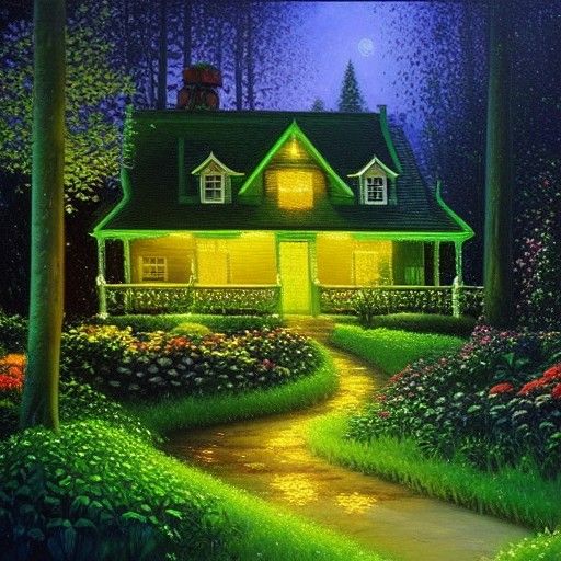 Night Forest House with Flower Garden as Oil Painting