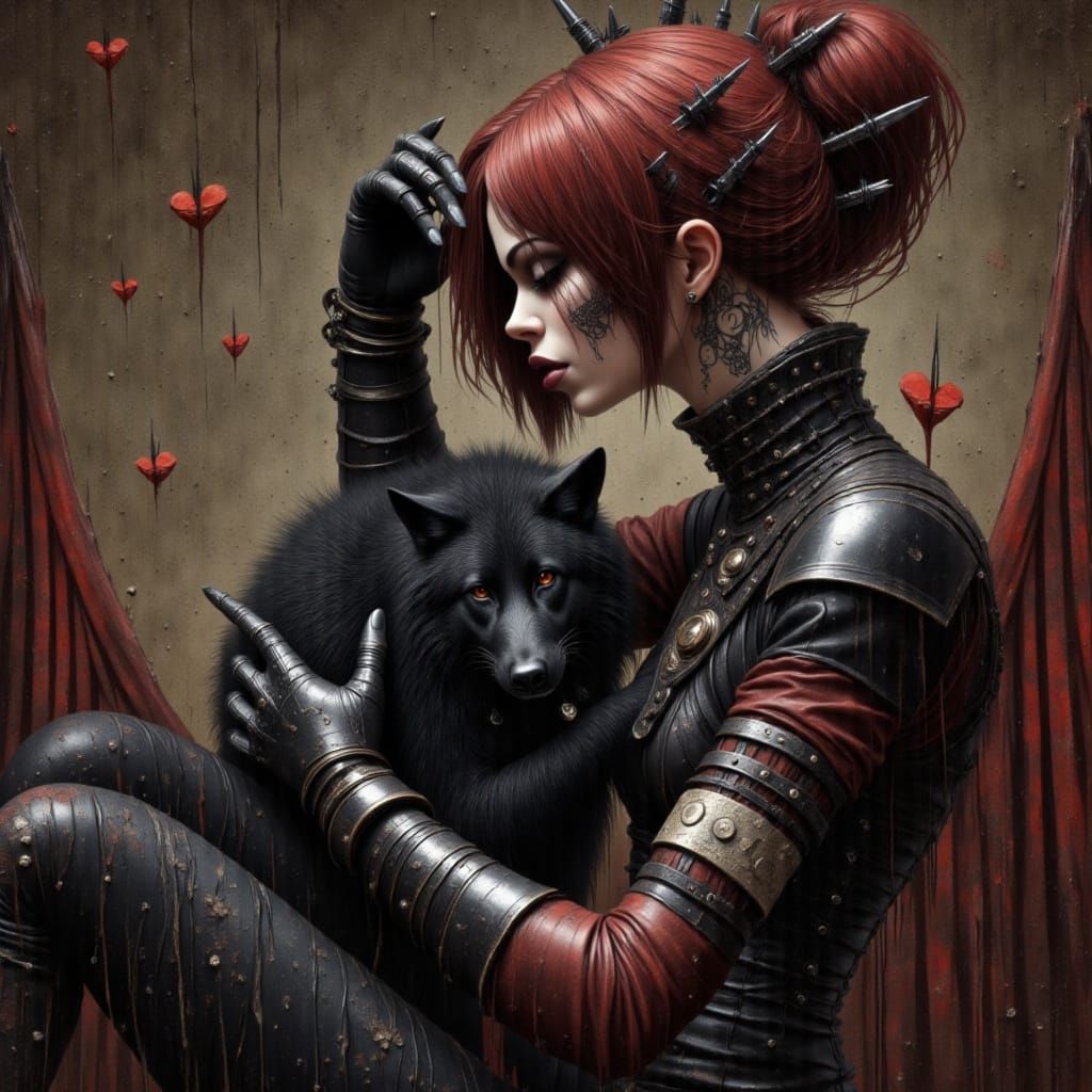 Queen of Hearts with Wolf Pup, Goth Grunge