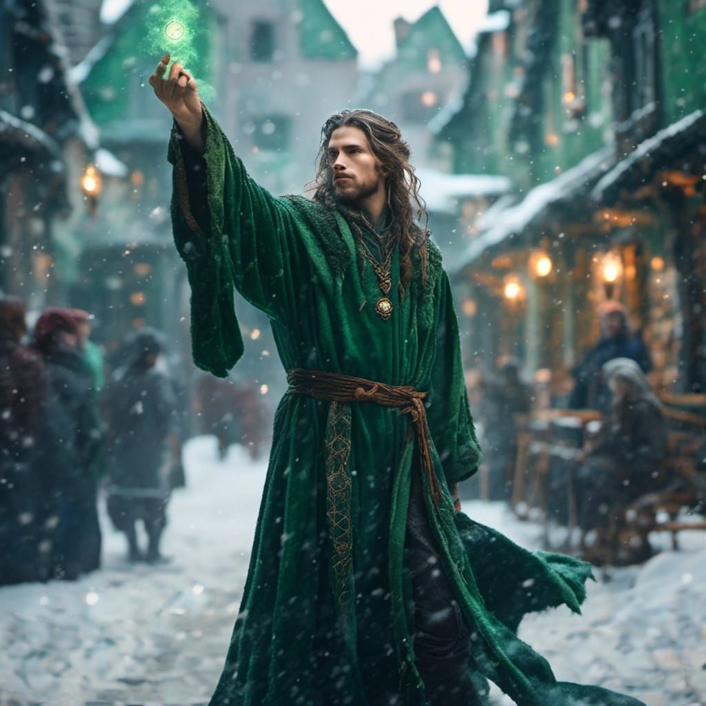 Young Wizard Casting Spell in Snowy Medieval Town