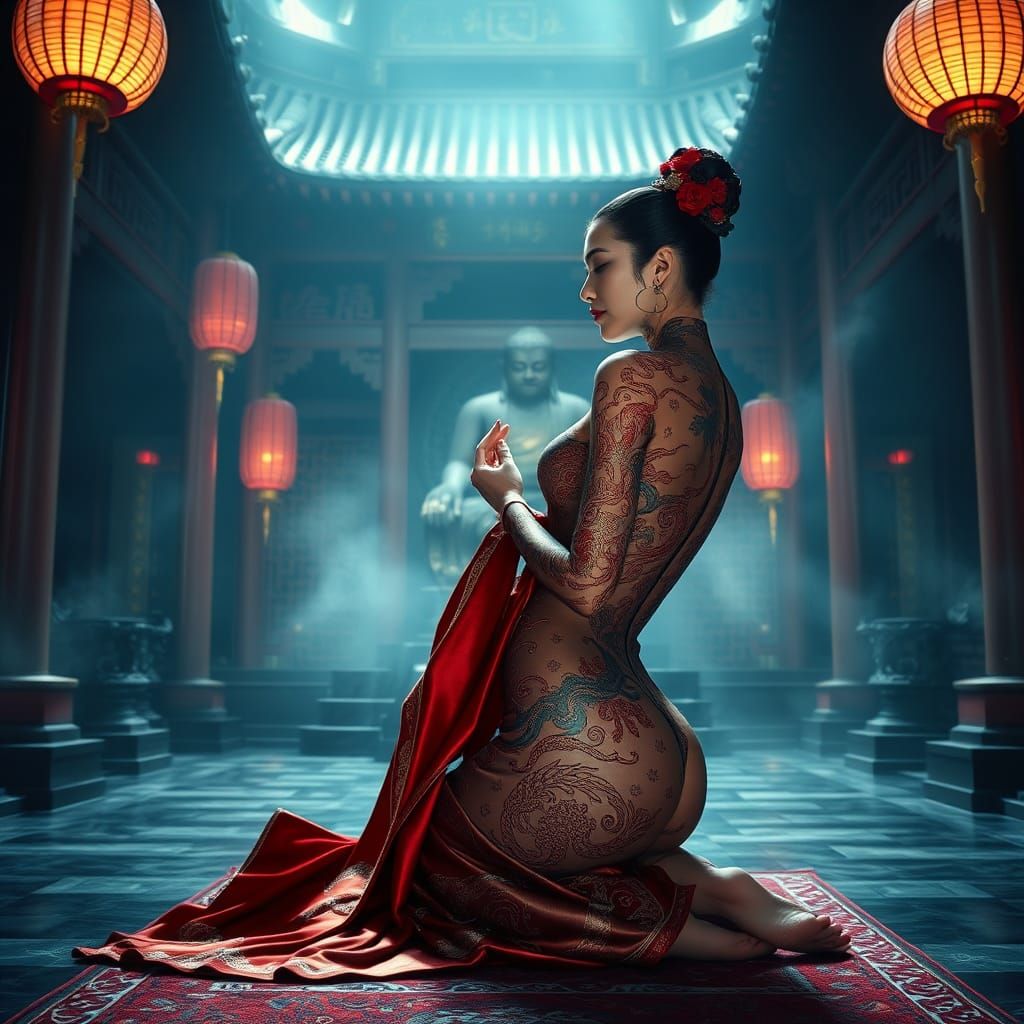 Woman Worshipping Buddha in Mystical Chinese Temple