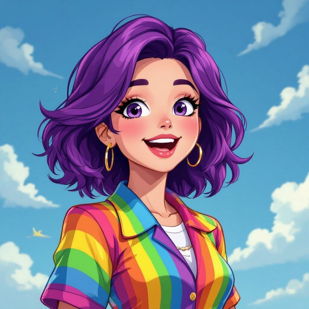 Excited Woman with Rainbow Outfit in Cartoon Style