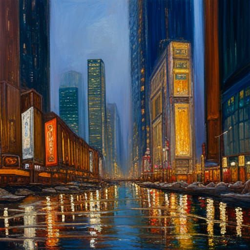 Urban Landscape: Skyscrapers and Reflections, Oil Painting