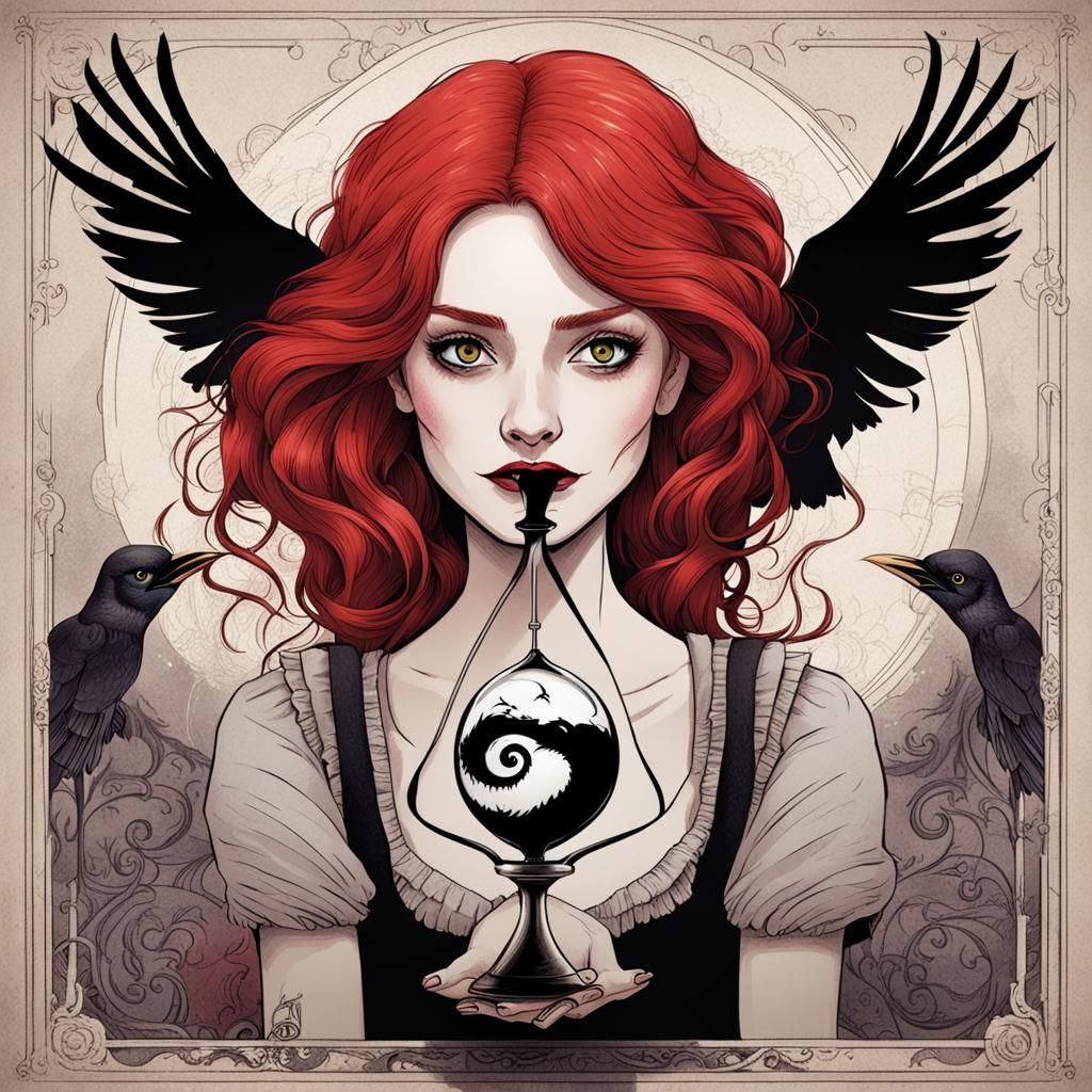 Cartoon Woman with Raven in Tim Burton Style