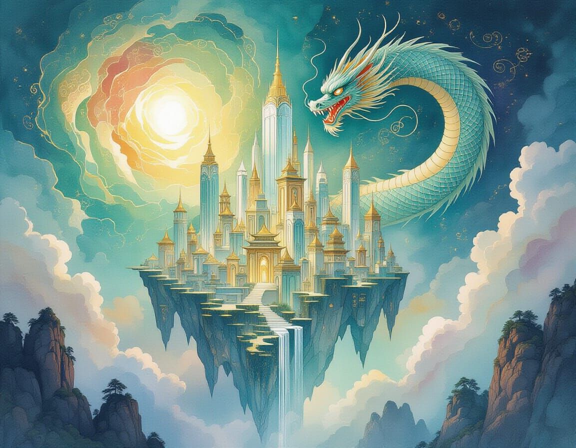 Ethereal Floating City with Dragon in Chinese Ink Style