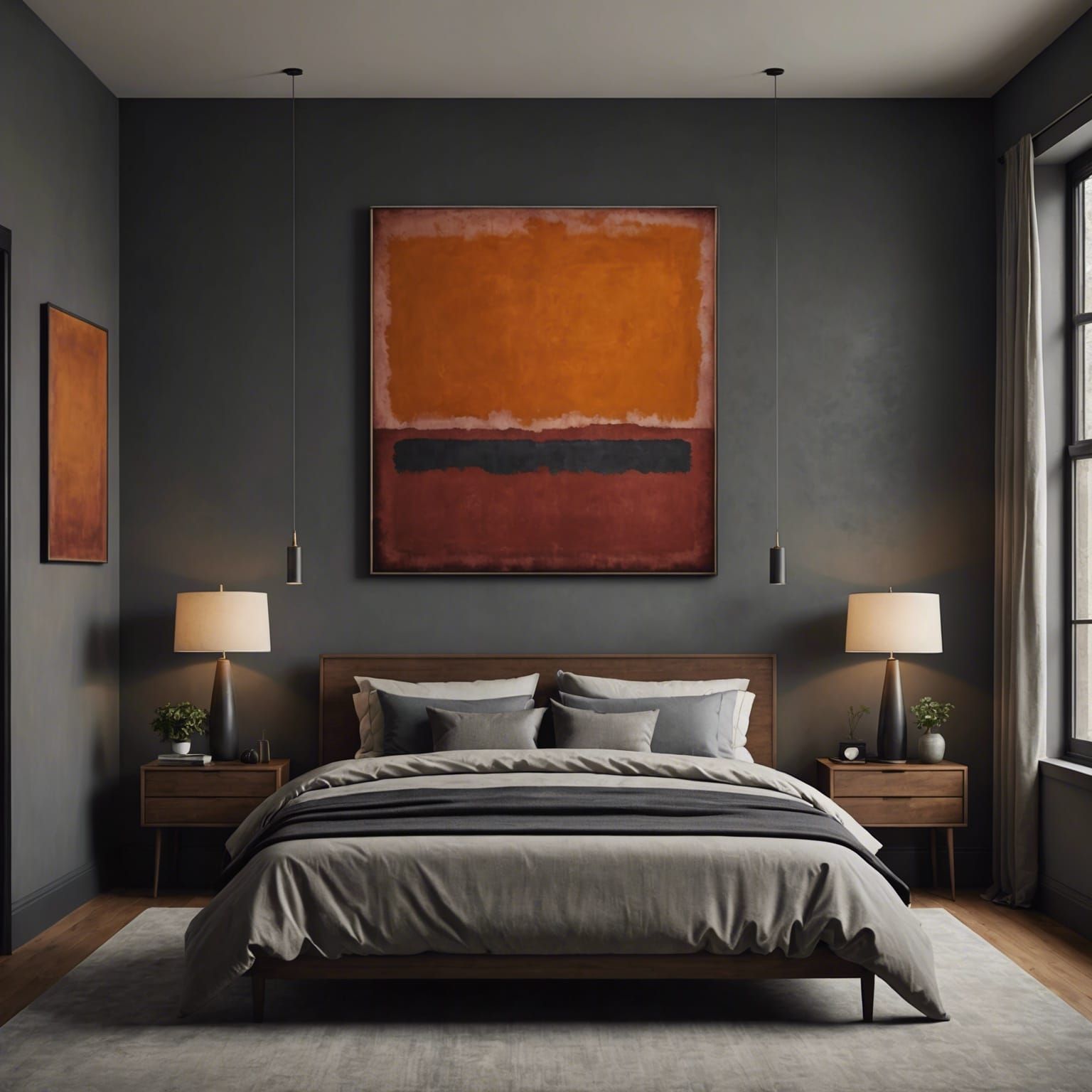 Photo (Modern minimalist bedroom:2.0), moody, warm, and dark...