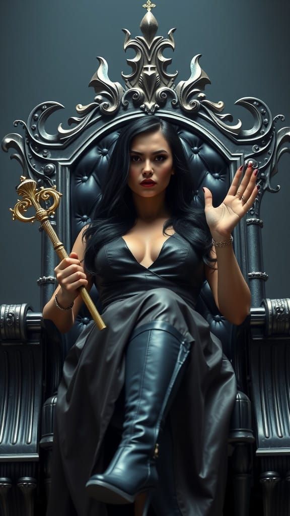 Angry Woman in Leather Regalia, Holding a Scepter in a Dark....