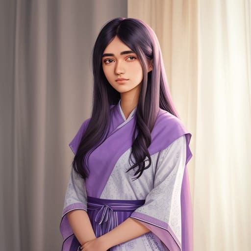 Anime-Style Portrait of South Asian Girl in Traditional Dres...