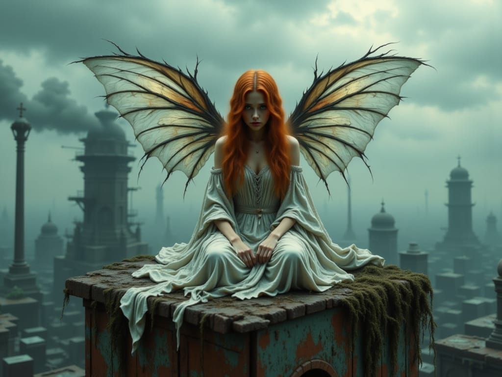 Distressed Fairy in Dystopian World with Singed Wings