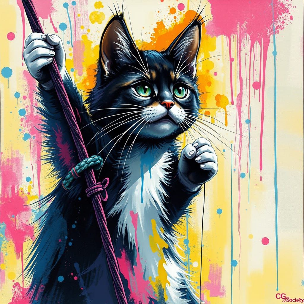 Vibrant Urban Cat Play in Splattered Street Art