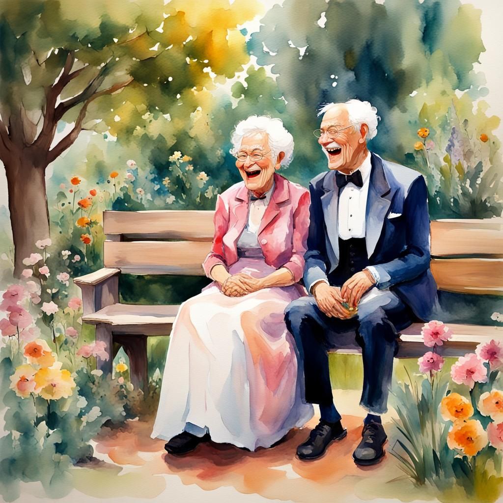 Laughing Couple in Flower Garden, Watercolor Style