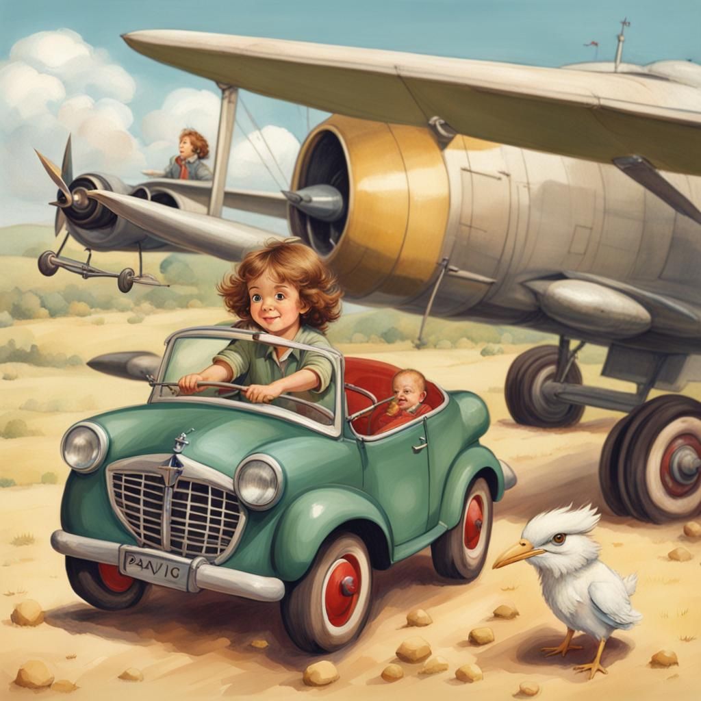 Rat Driving a Car with Turkeys and Airplane Cars