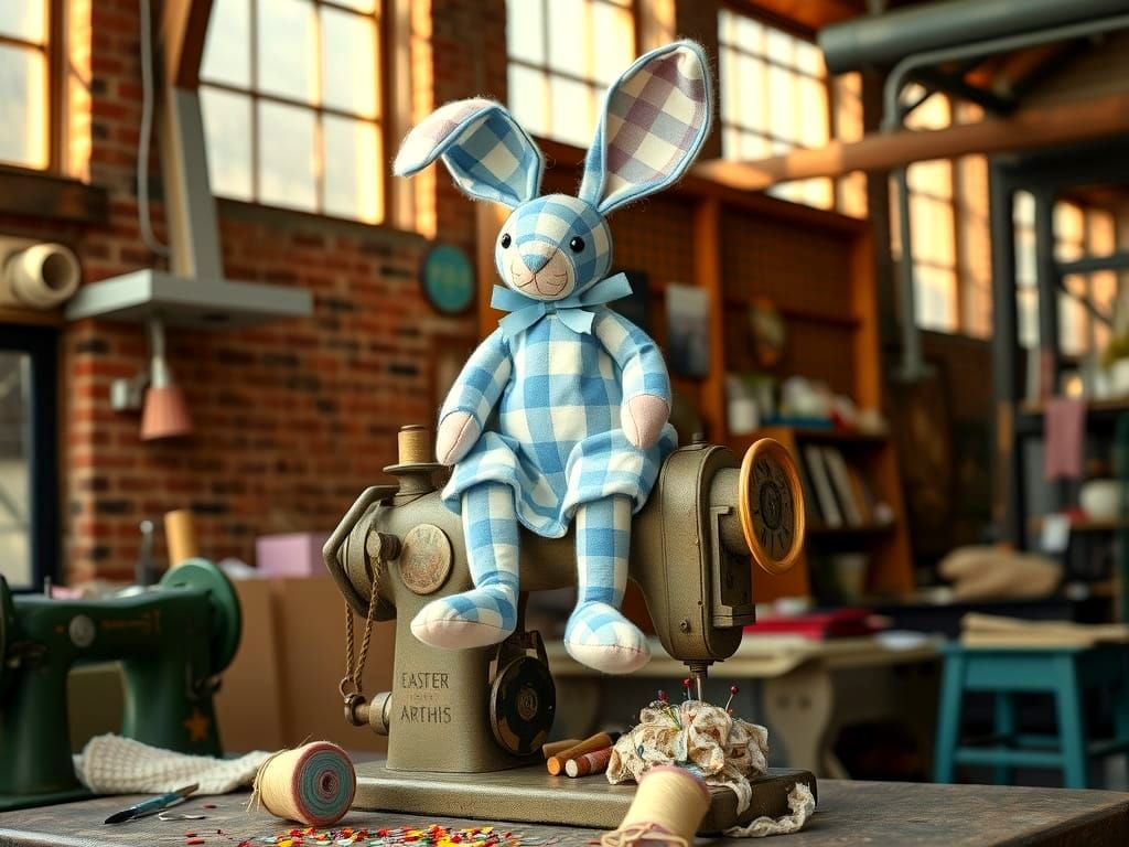 Gingham Easter Bunny Sculpture on Sewing Machine