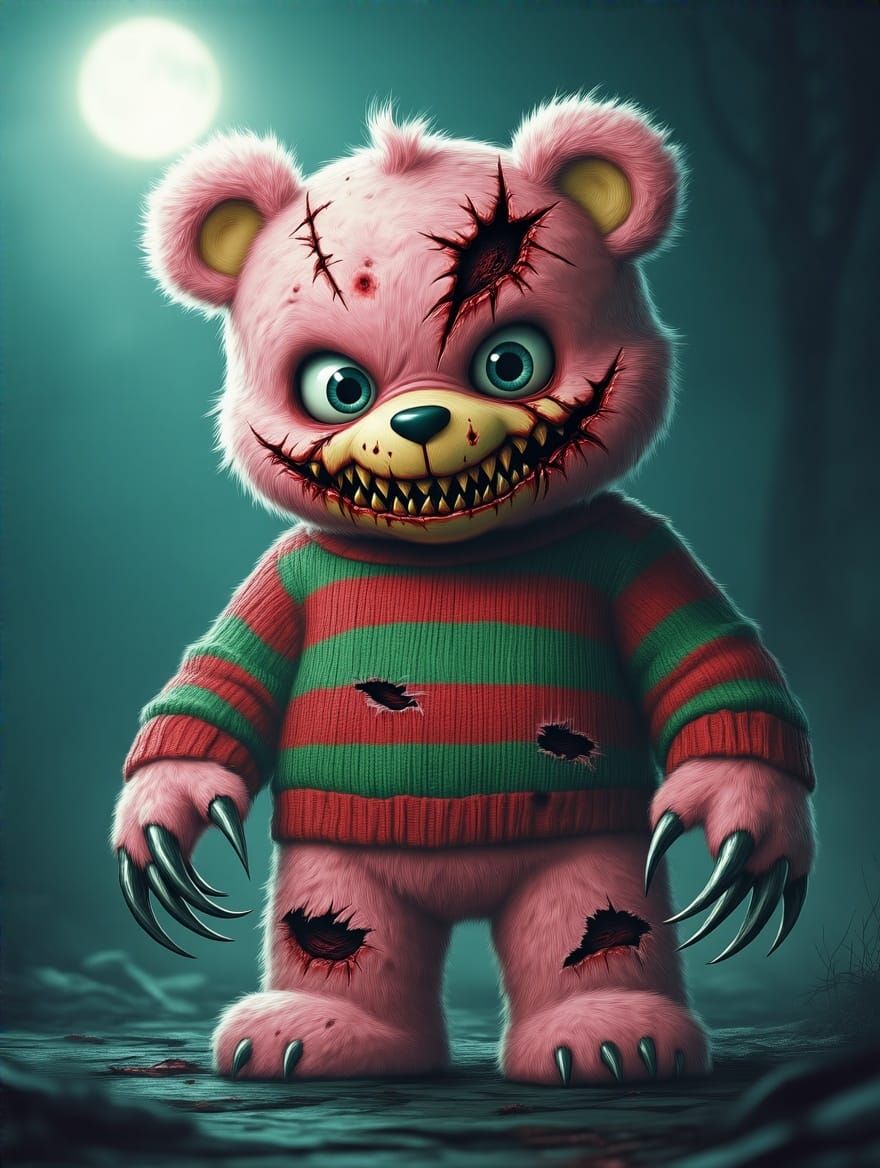 Spooky Freddy Krueger Care Bear in Cinematic Horror Art