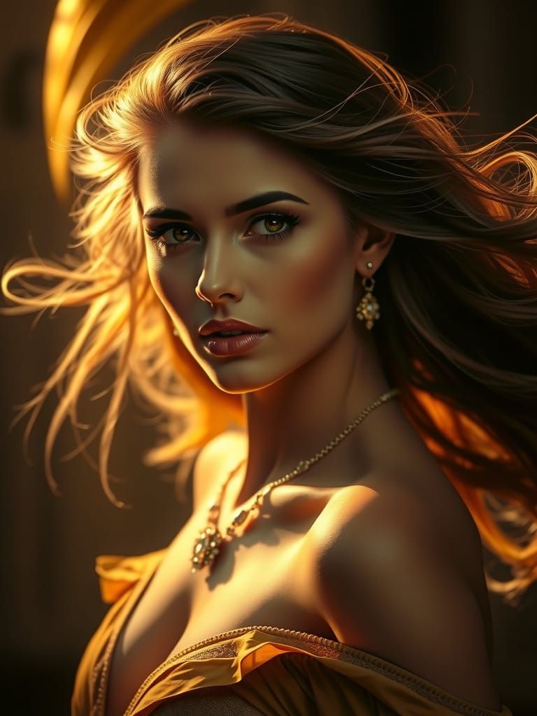 Elegant Woman in Golden Light, Art Nouveau Style
