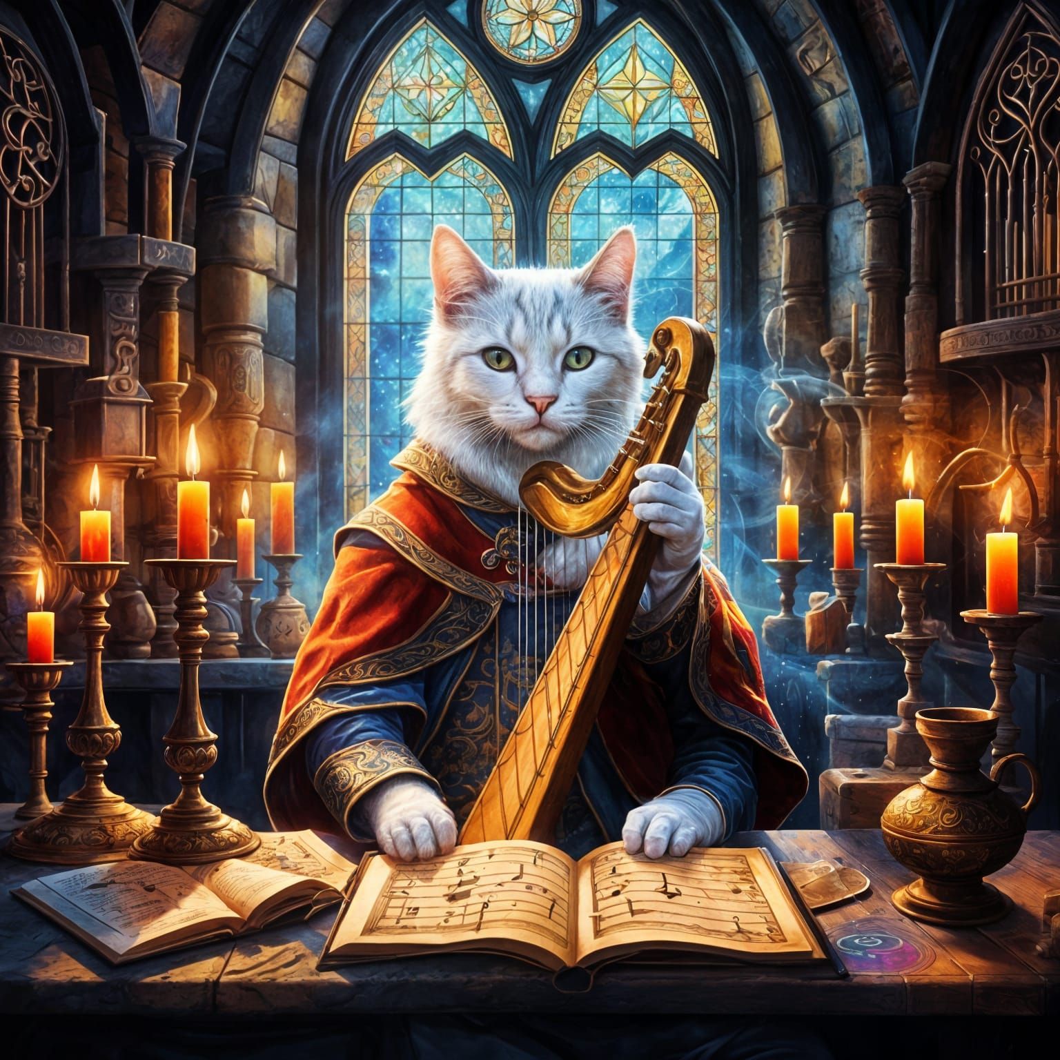 White Cat Alchemist in Medieval Laboratory, Astral Illustrat...