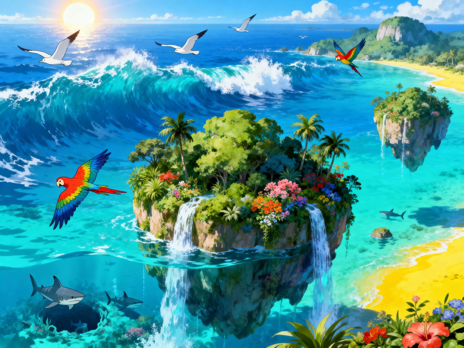 Floating Islands with Wildlife in Digital Painting Style