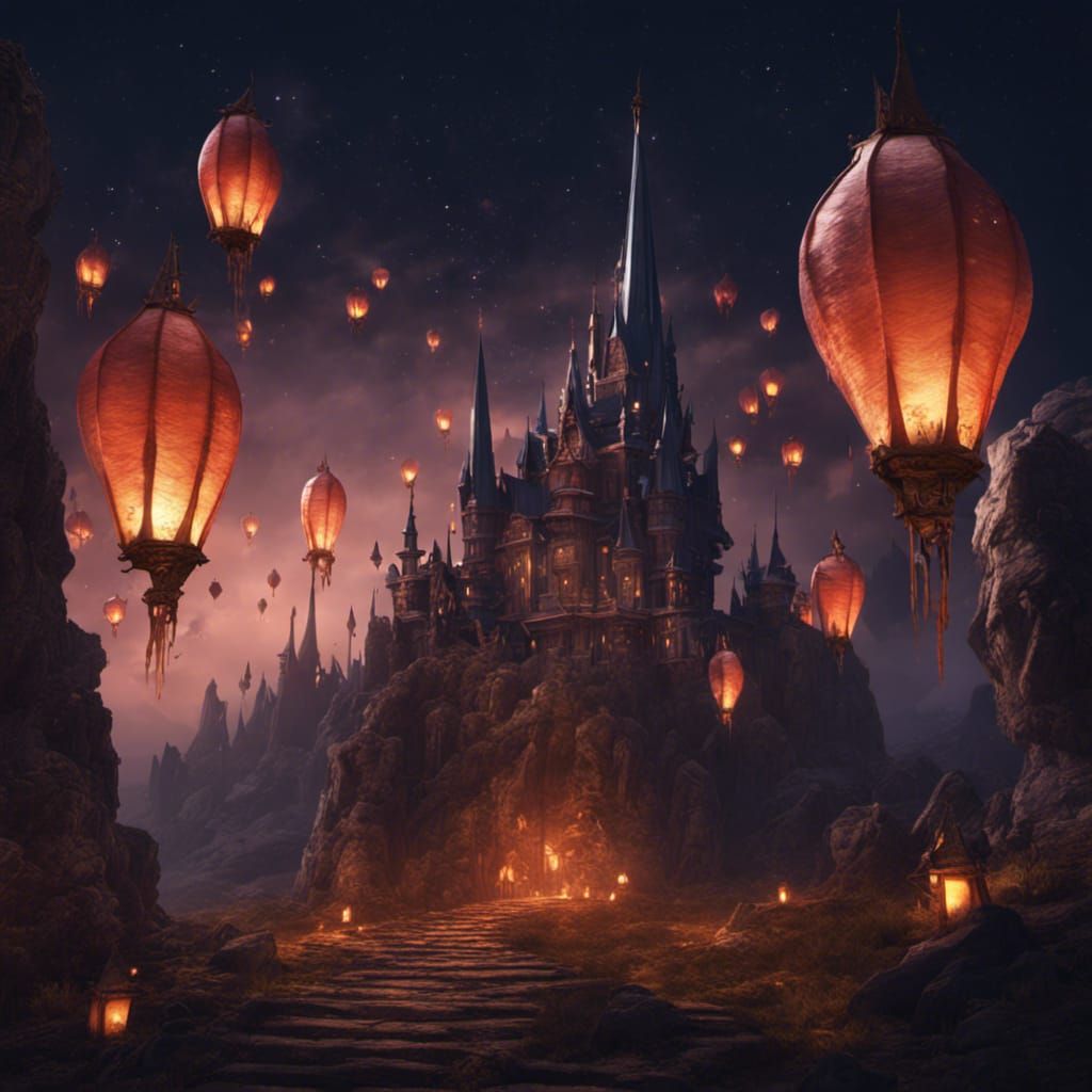 Fantastical Dark Castle Under Lantern Sky