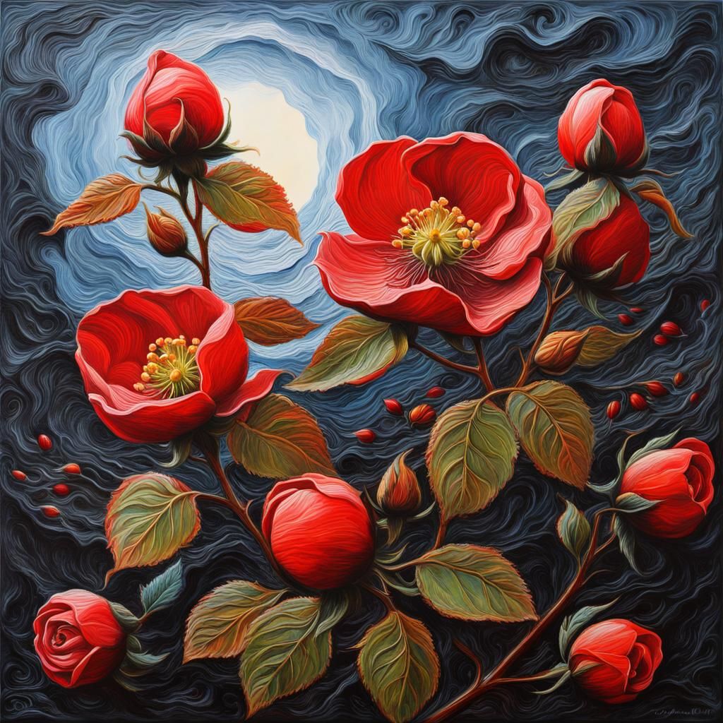 Rosehip Bloom in Impasto, Hyperrealistic Style