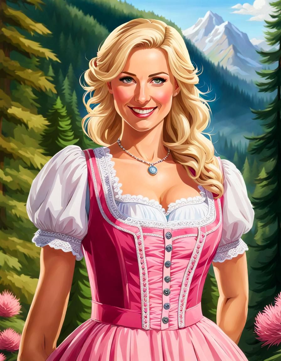 Woman in Dirndl Dress in Mountain Forest