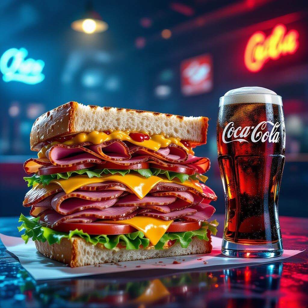 Giant Sandwich and Coke in Hyperrealistic Style