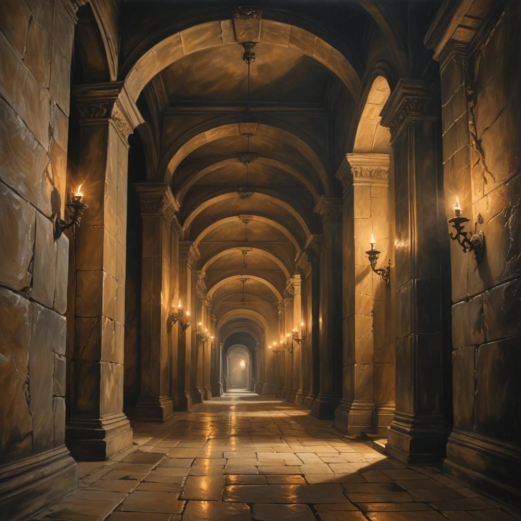 Dimly Lit Stone Corridor with Torches in Baroque Style