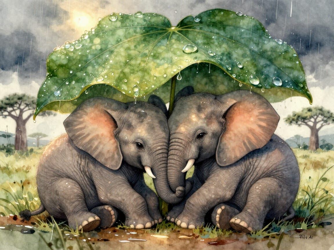 Baby Elephants Embrace Under Leaf Umbrella