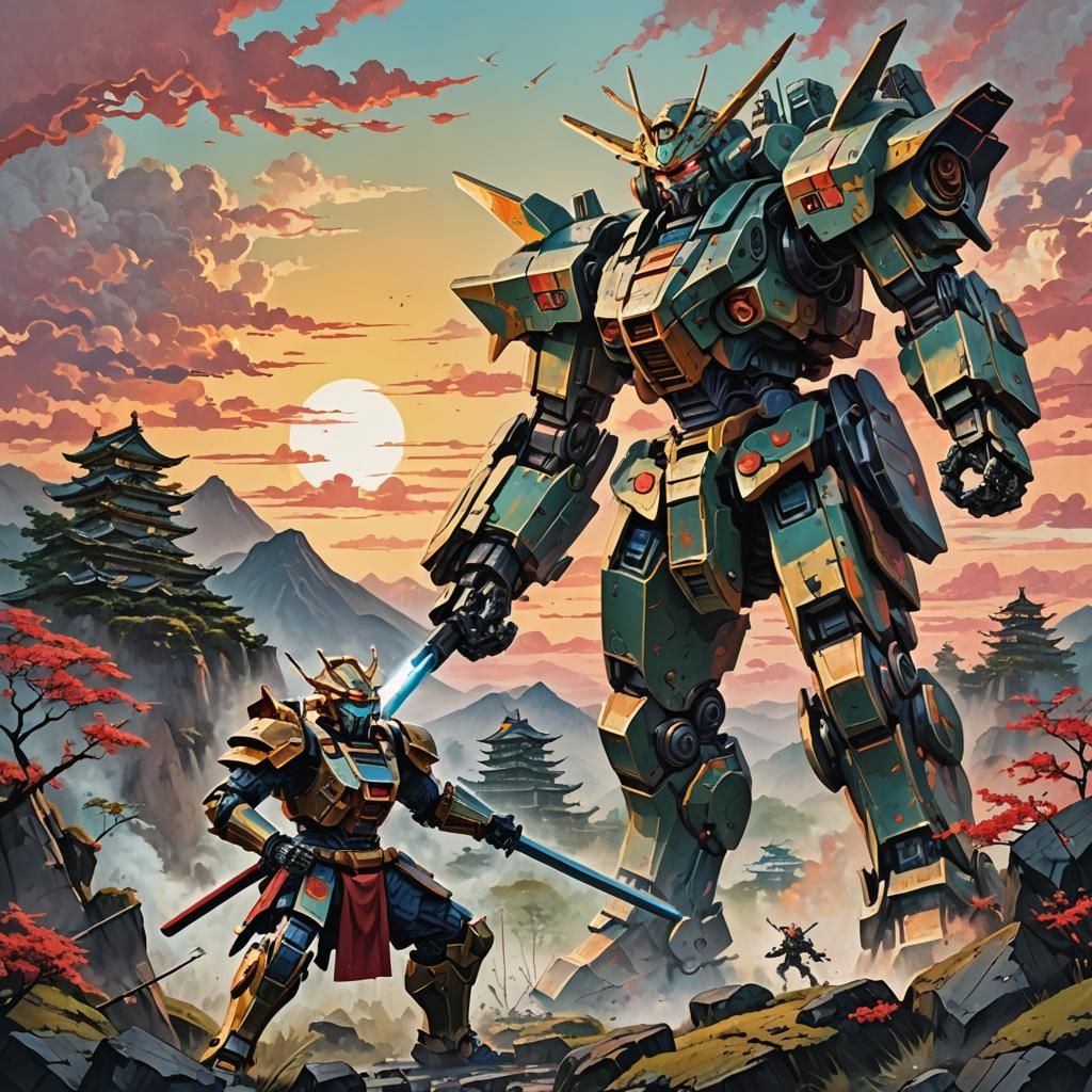 Epic Mecha Duel in Japanese Sunrise Landscape