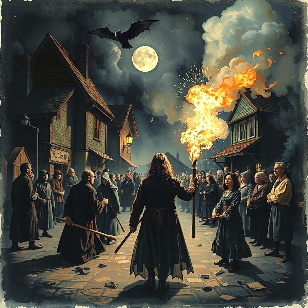 Dramatic Witch Hunt Painting in Watercolor Style