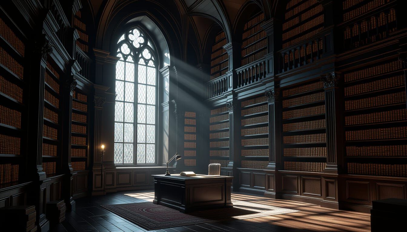 Shadowed Library Interior with Dramatic Chiaroscuro Lighting