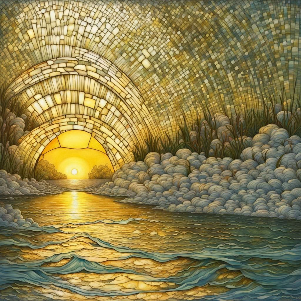 River Through Cracked Glass in Art Nouveau Style