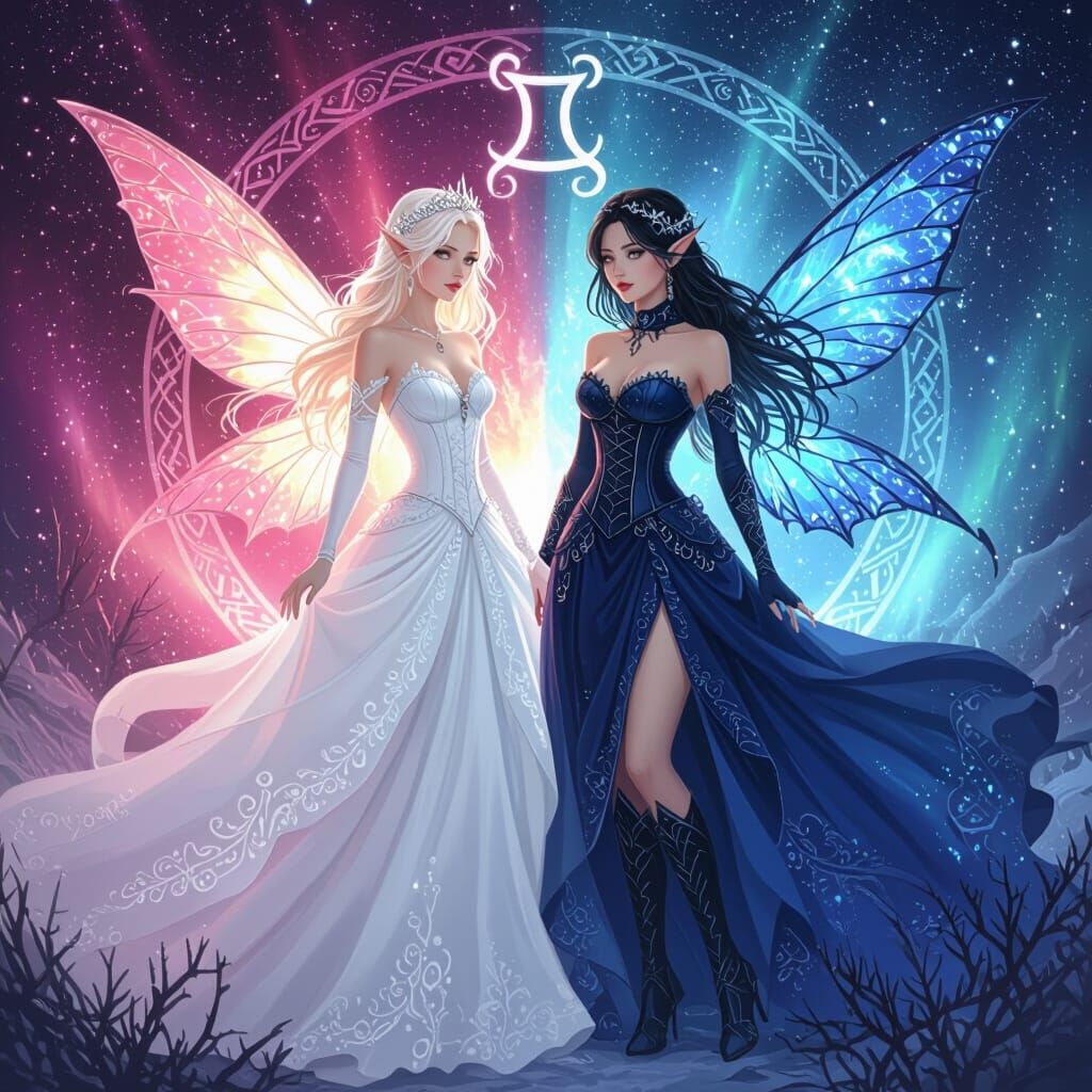 Twin Fairies of Light and Dark in Ethereal Aurora