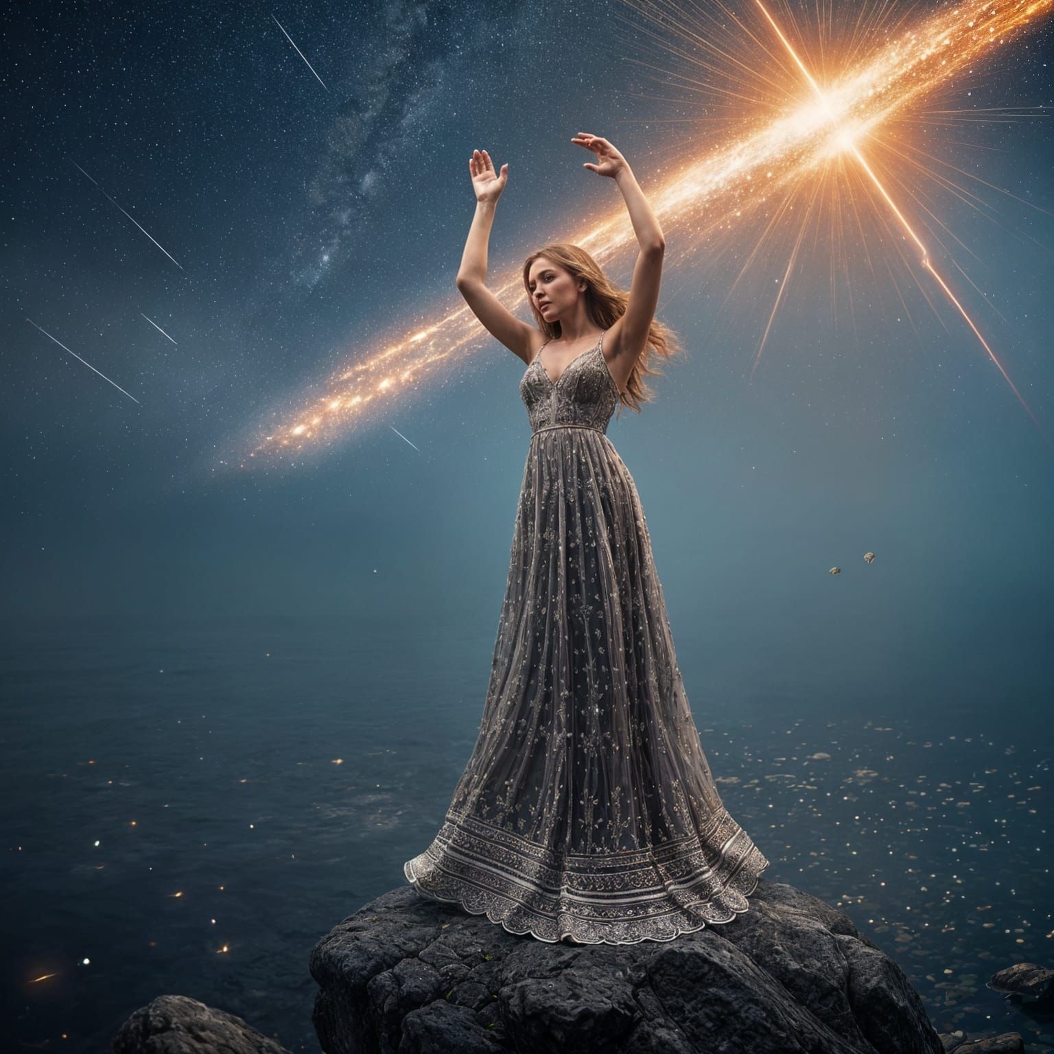 Hyperrealistic Woman in Cosmic Landscape with Meteor