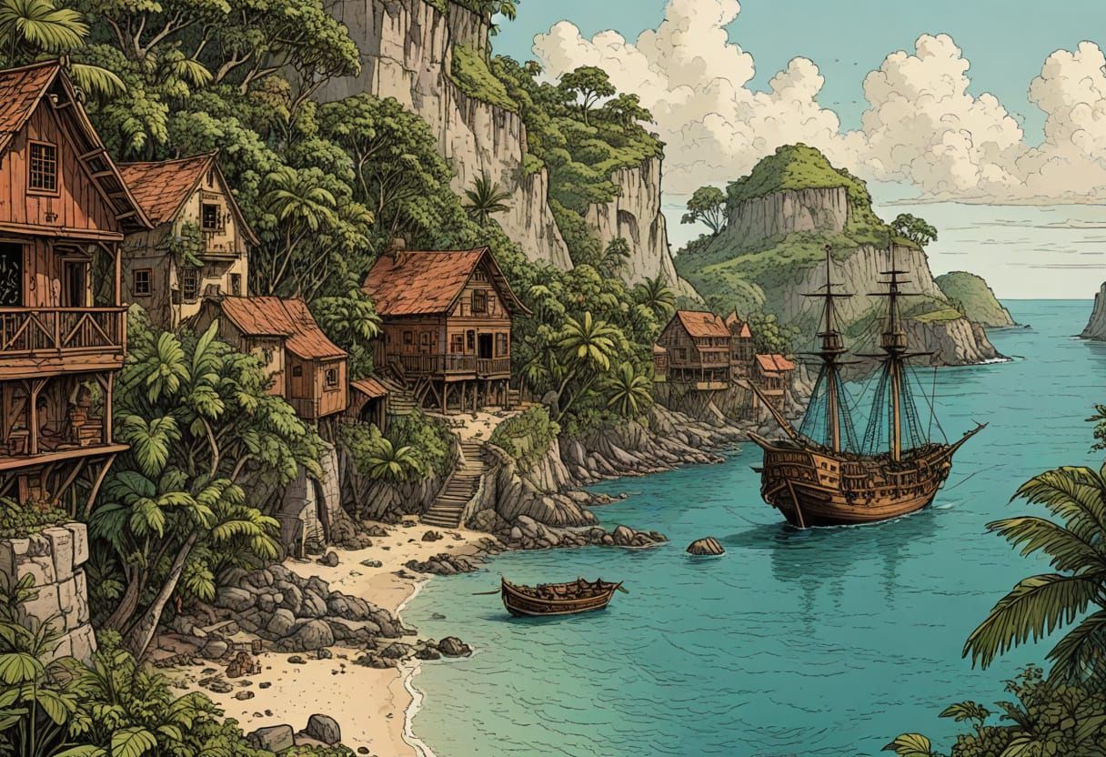 Shabby Caribbean Pirate Town Illustration