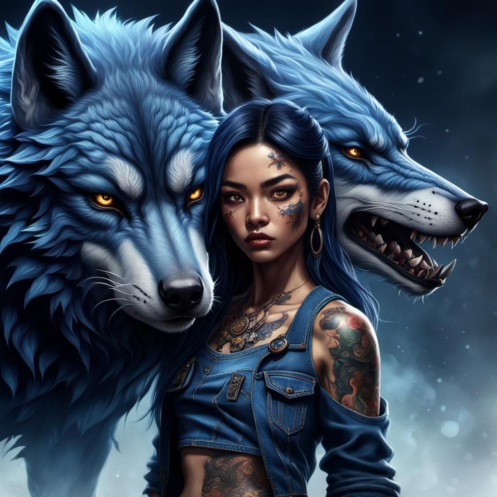 Tattooed Woman with Blue Hair, Fantasy Art