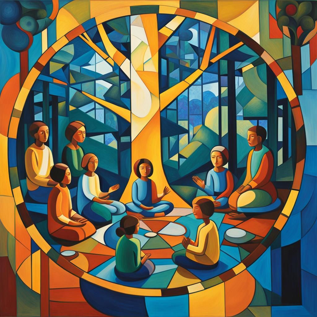 Cosmic Treehouse Meditation: Cubist Art Deco Style