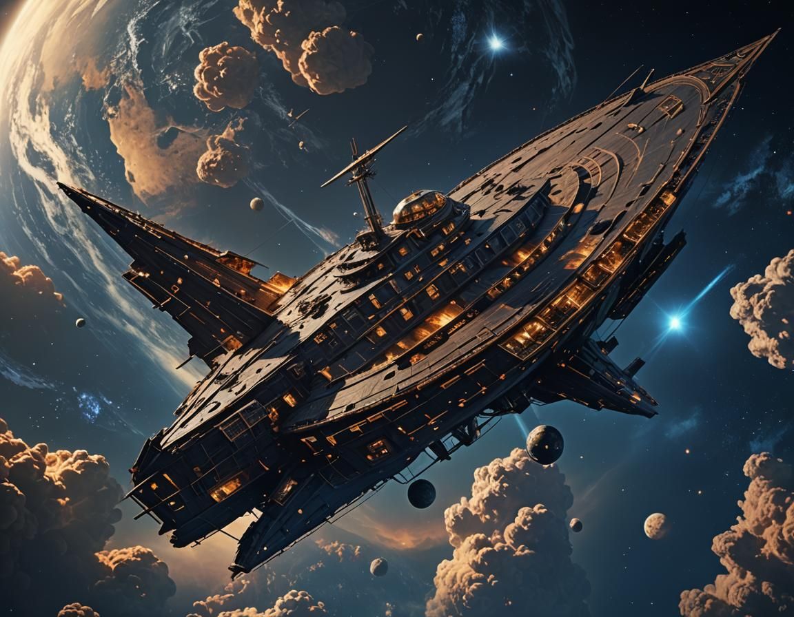 Wooden Ship Arche Noah Flying in Dark Space