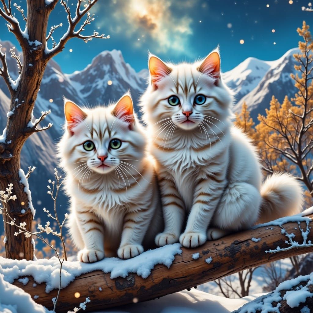 Kittens on Snowy Log in Dreamscape Valley