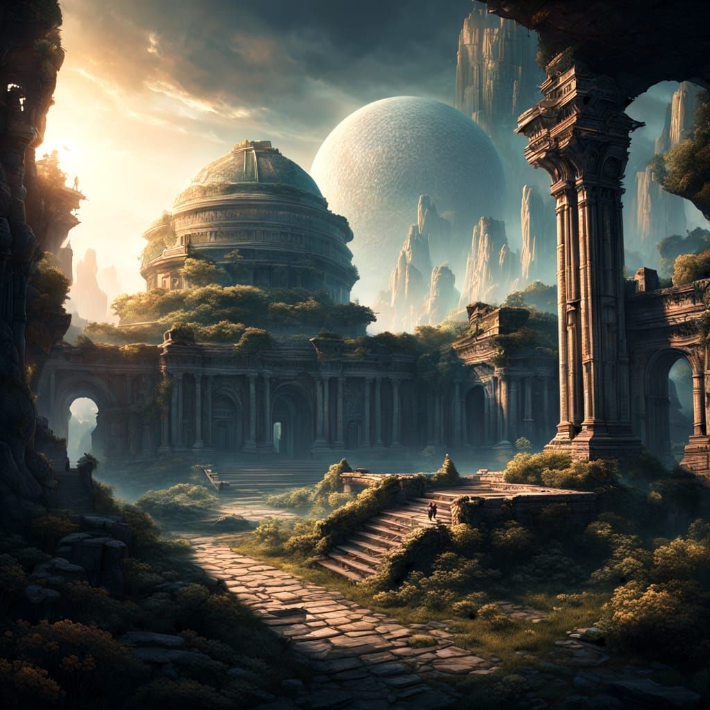 Surreal Alien Metropolis Ruins in Ethereal Mist