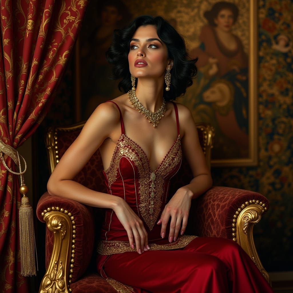 Glamorous Queen in Opulent Baroque Setting