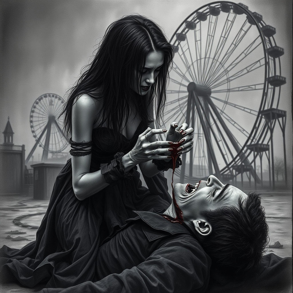 Pale Vampire in Gothic Gown Feeding a Dying Man