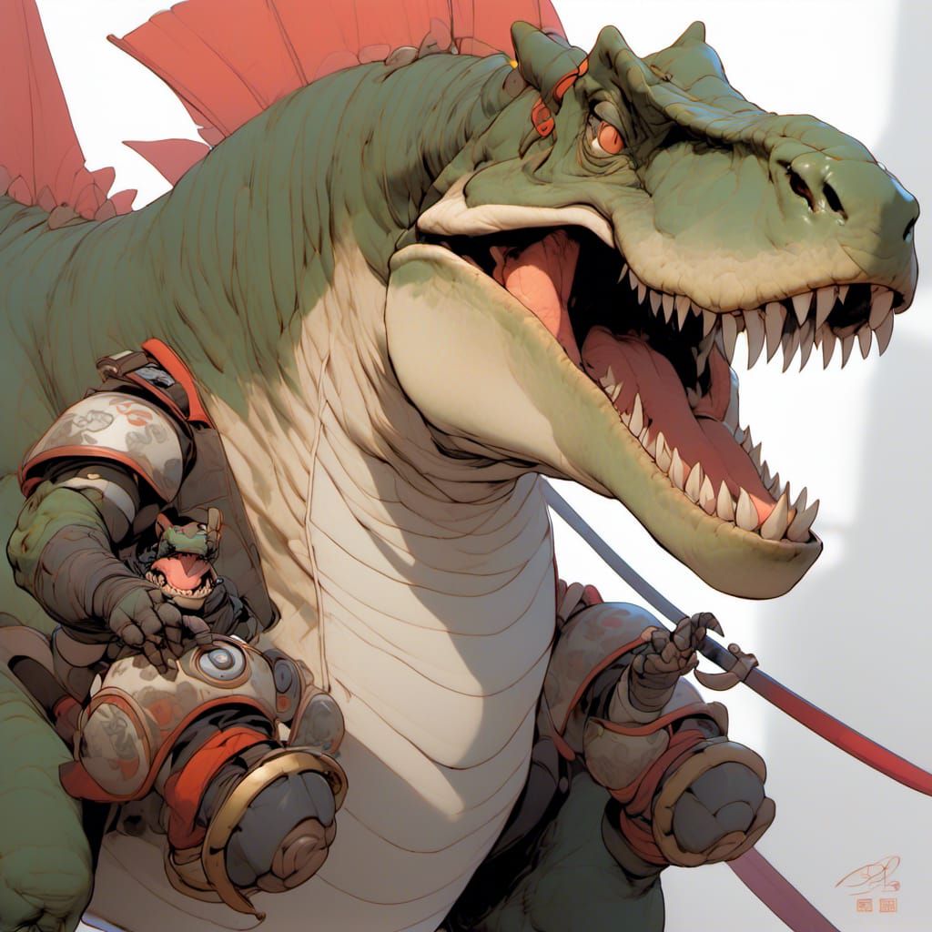 Cyborg Samurai T-Rex Anime Digital Painting