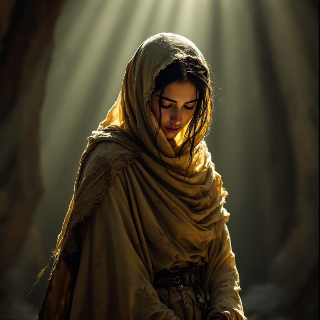 Solemn Young Arab Woman Meets Jesus in Cinematic Style