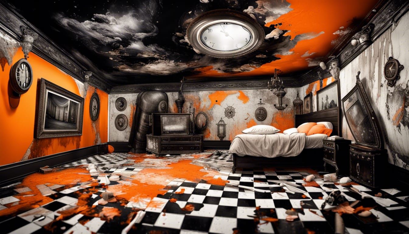 Surreal Upside Down Room in Black, White and Orange