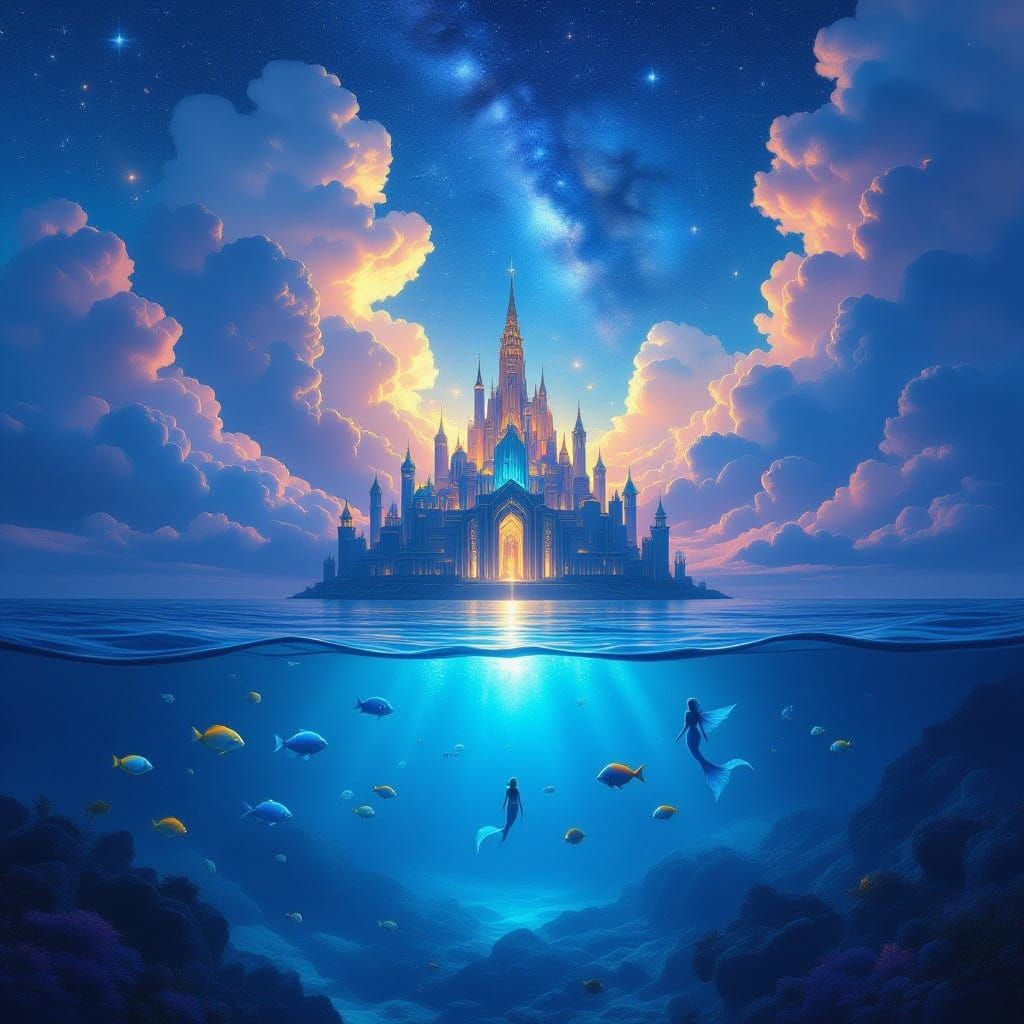 Atlantis City Under Surreal Starry Ocean Sky