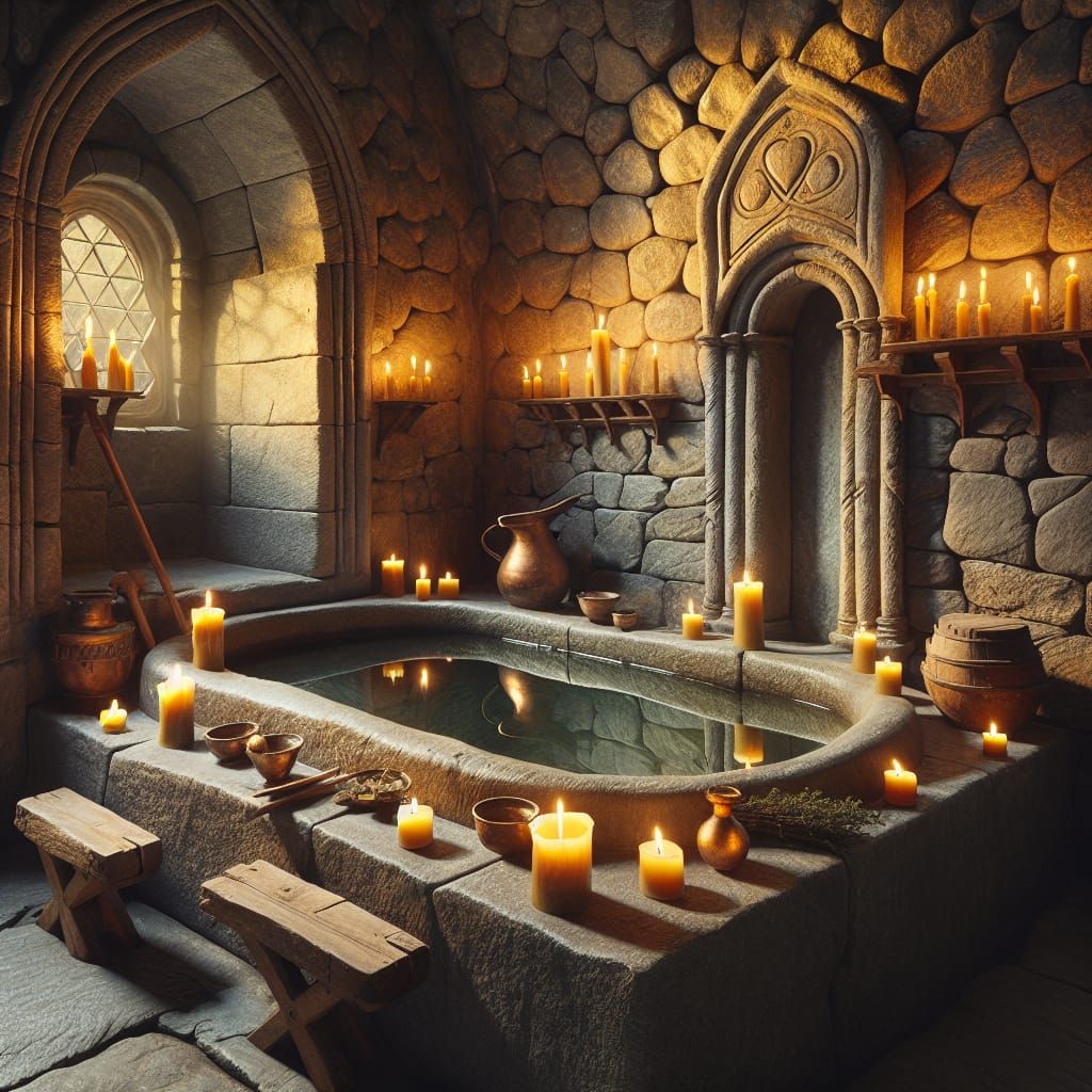 Medieval Stone Bath with Candlelight and Herbs