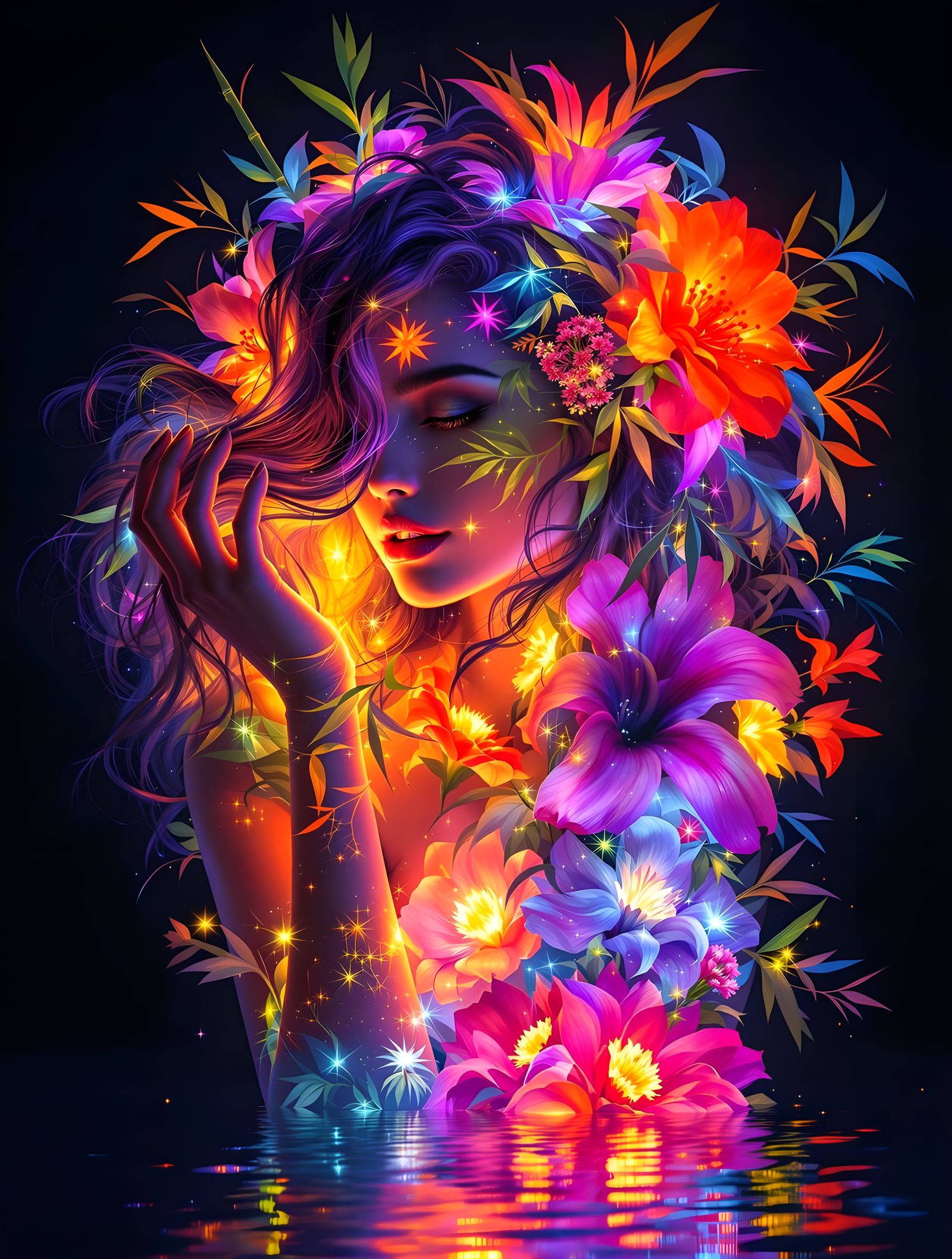 Bodyscape double exposure female portrait set against a dark backdrop with a glowing water reflection. The insanely beau...