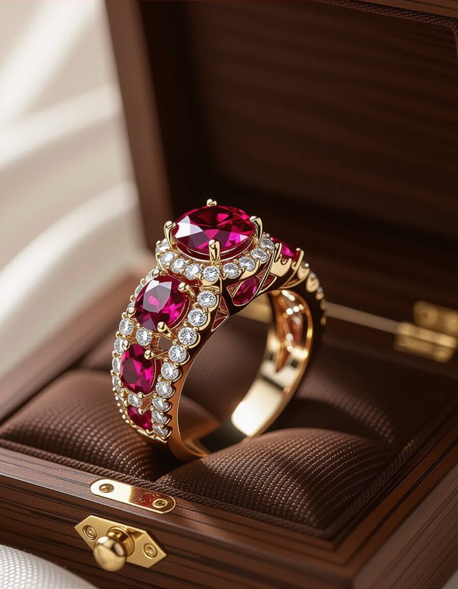Regal Ruby and Diamond Wedding Ring in 3D Style